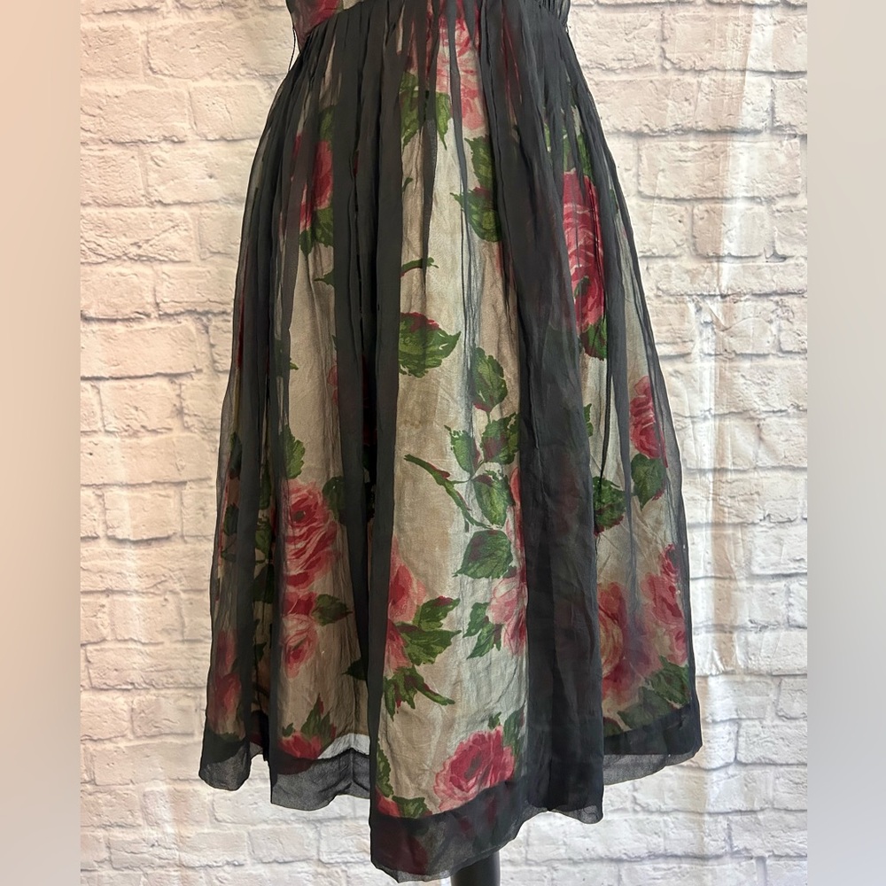 Vintage 50s Dress WOUNDED BIRD Black Pink Floral Midi Evening Formal Party Prom - Picture 8 of 17